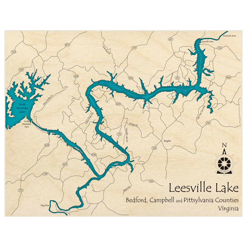 Bathymetric topo map of Leesville Lake  with roads, towns and depths noted in blue water