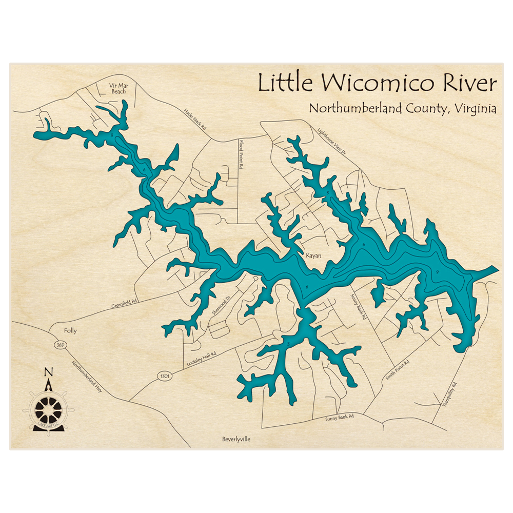 Bathymetric topo map of Little Wicomico River with roads, towns and depths noted in blue water