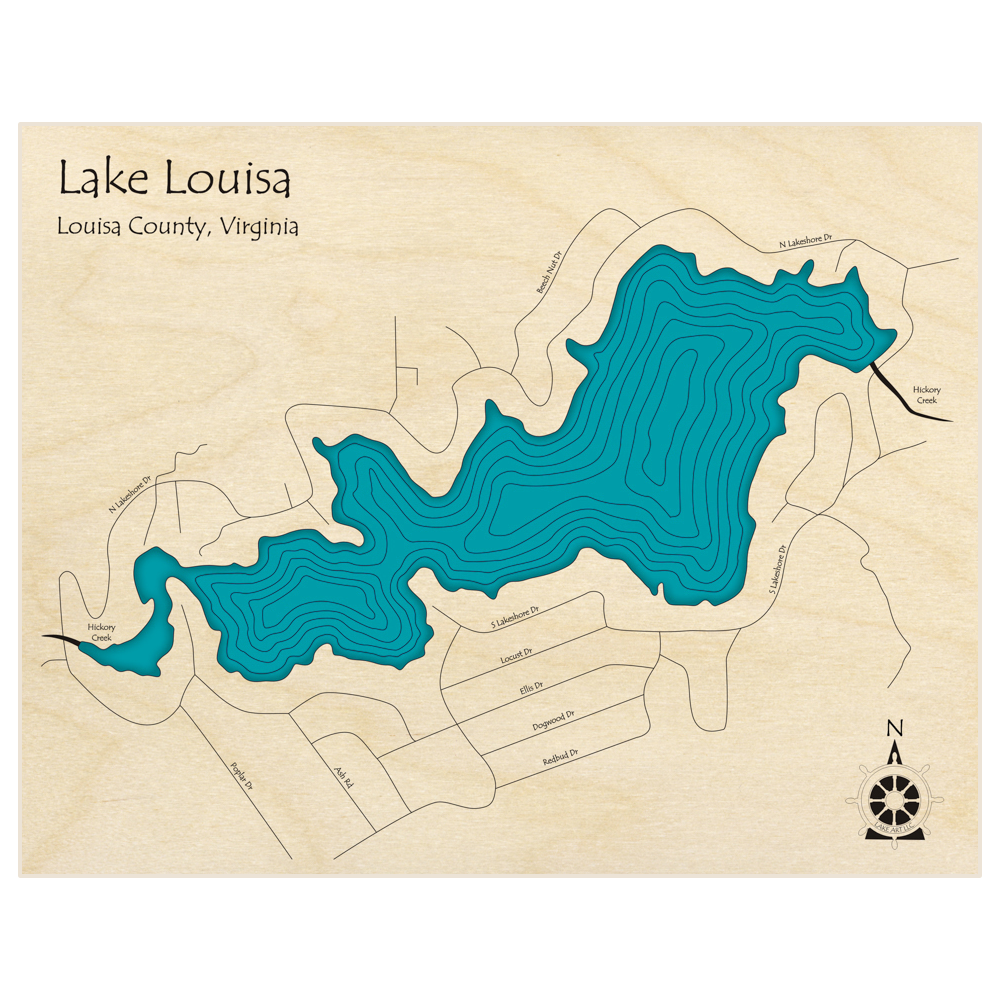 Bathymetric topo map of Lake Louisa  with roads, towns and depths noted in blue water