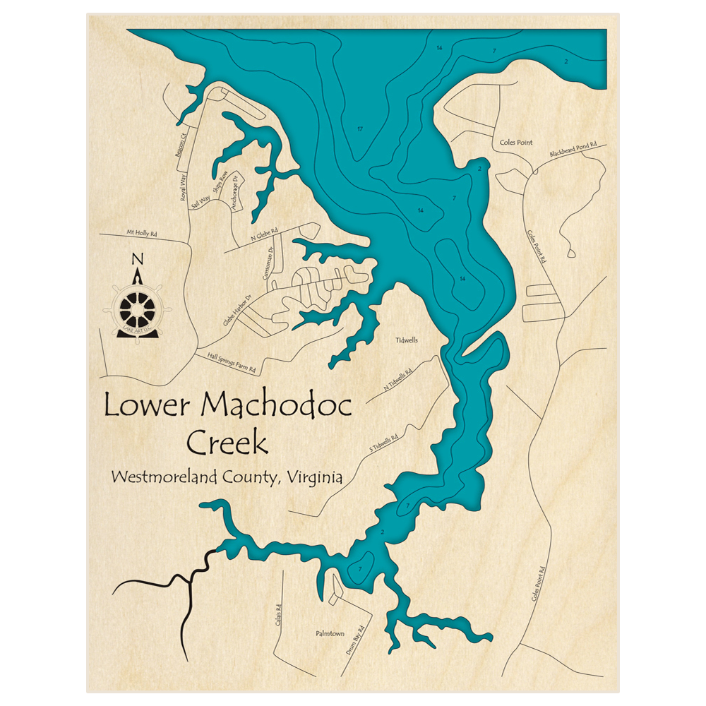 Bathymetric topo map of Lower Machodoc Creek with roads, towns and depths noted in blue water