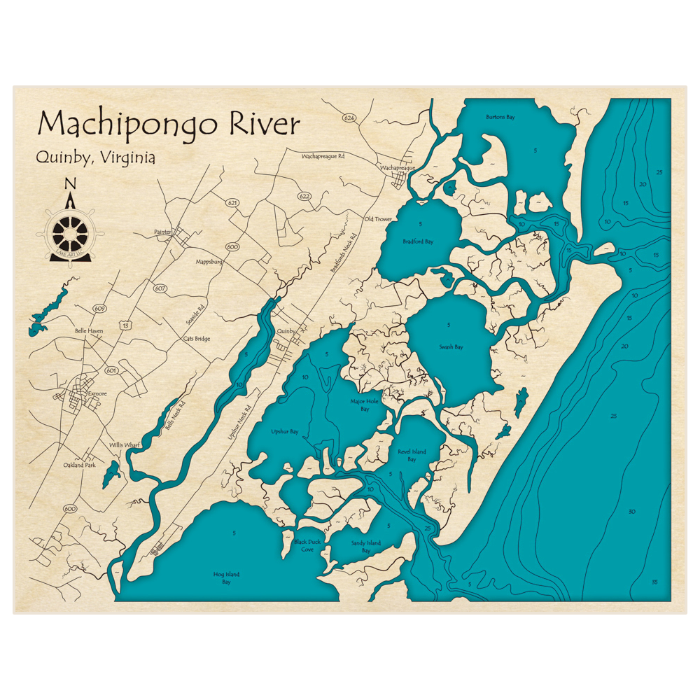 Bathymetric topo map of Machipongo River with roads, towns and depths noted in blue water