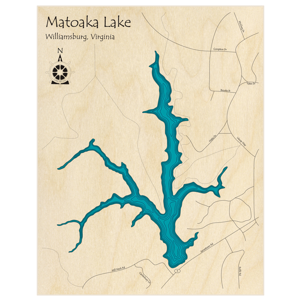 Bathymetric topo map of Matoaka Lake  with roads, towns and depths noted in blue water