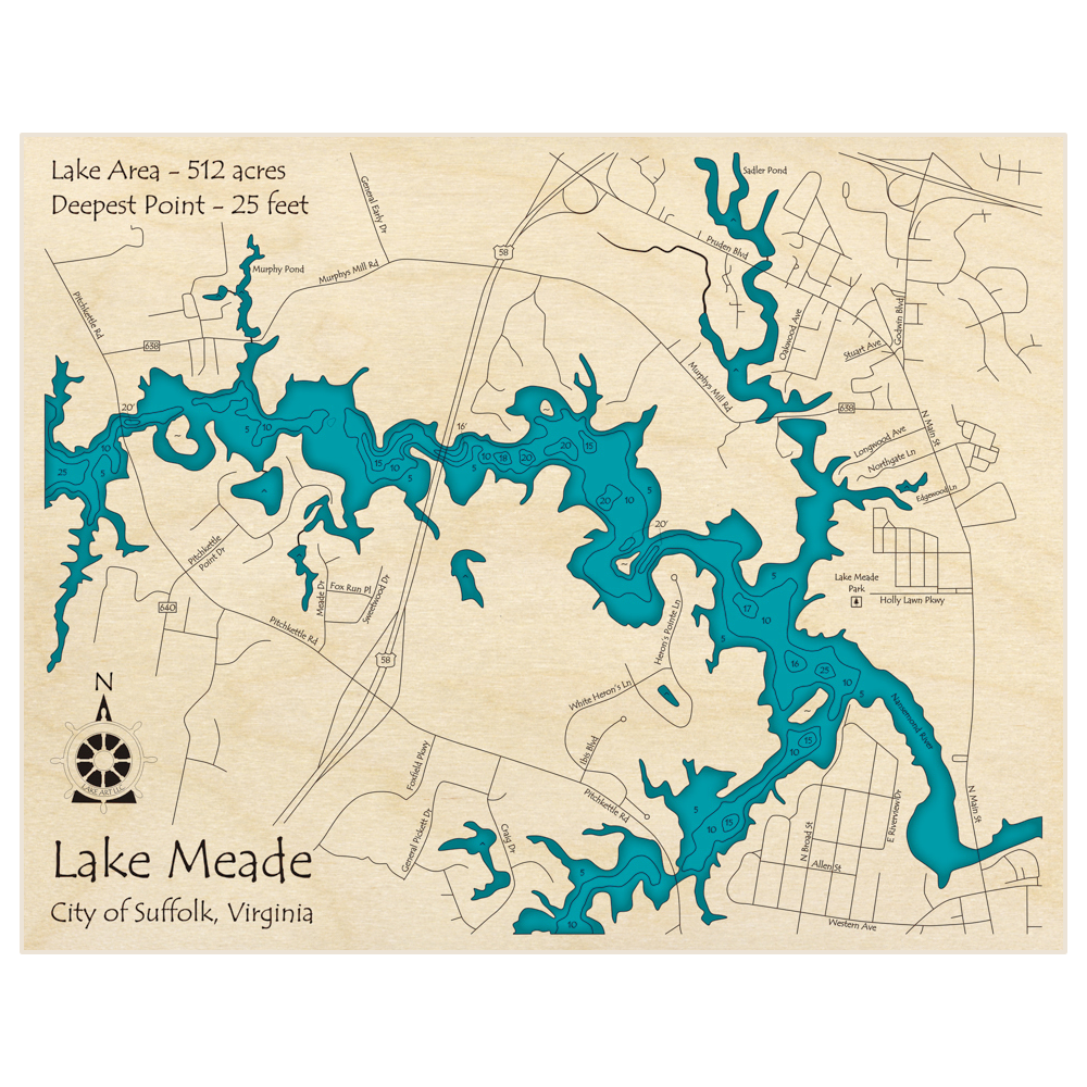 Bathymetric topo map of Lake Meade with roads, towns and depths noted in blue water