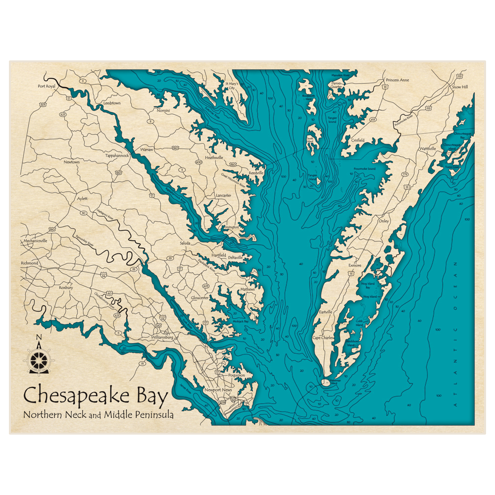 Bathymetric topo map of Middle Chesapeake Bay (Northern Neck and Middle Peninsula) with roads, towns and depths noted in blue water