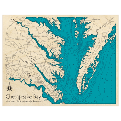 Bathymetric topo map of Middle Chesapeake Bay (Northern Neck and Middle Peninsula) with roads, towns and depths noted in blue water