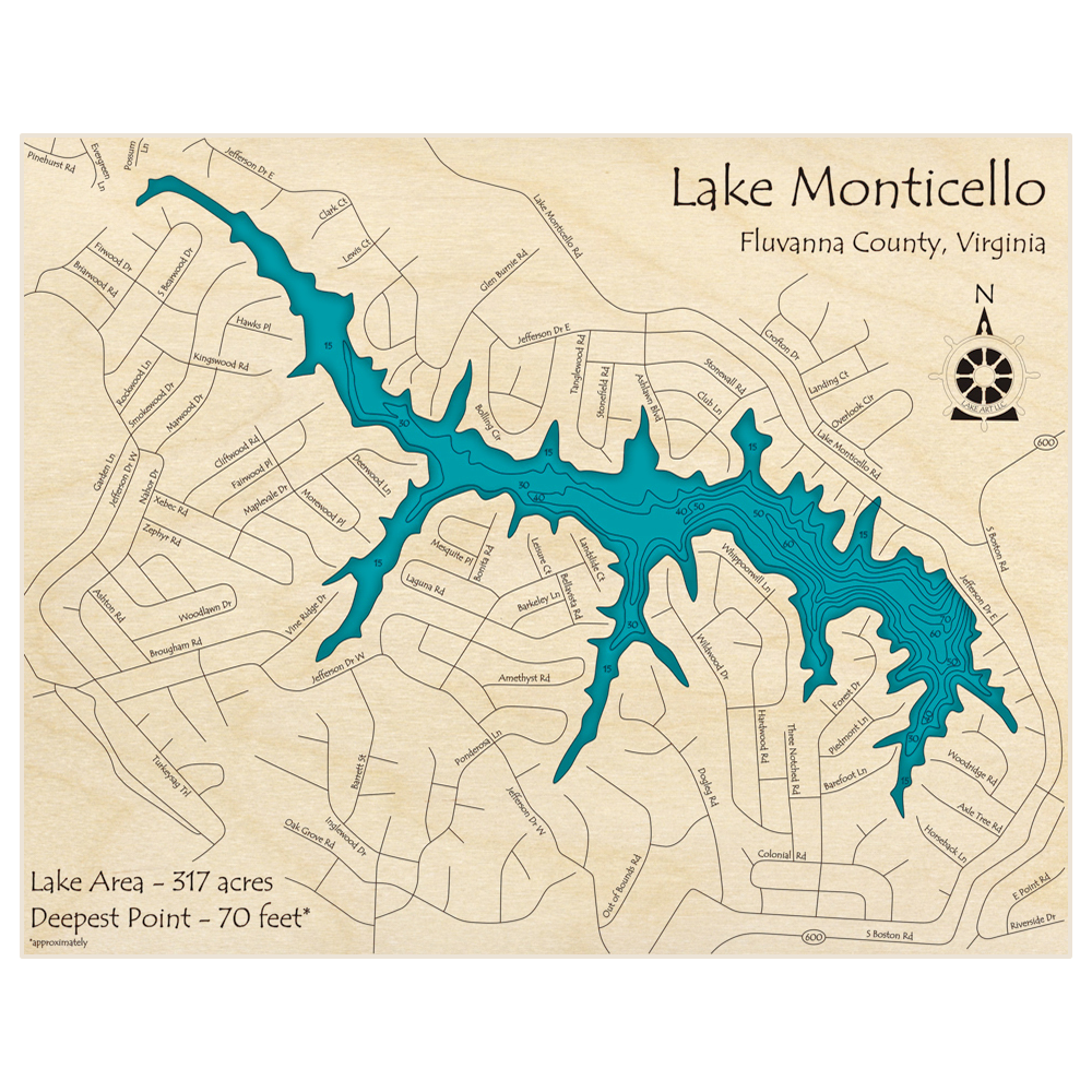 Bathymetric topo map of Lake Monticello with roads, towns and depths noted in blue water