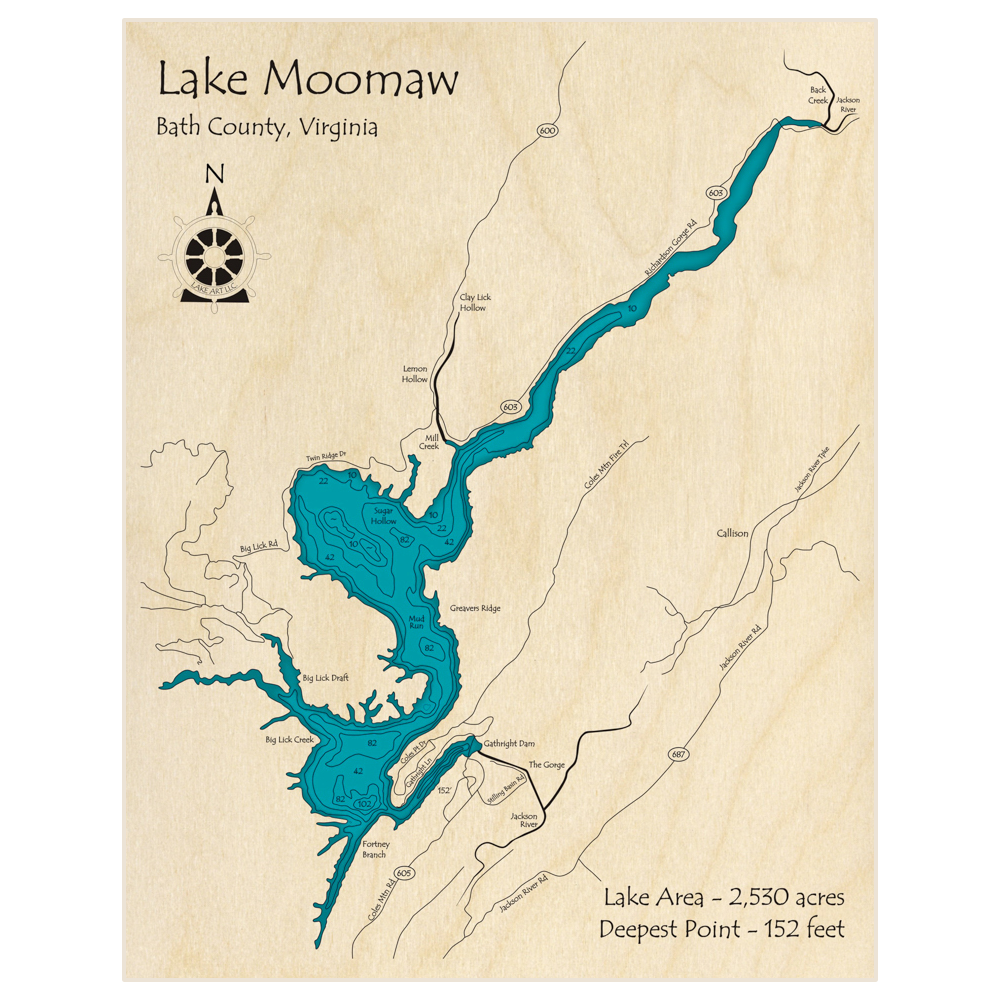 Bathymetric topo map of Moomaw Lake with roads, towns and depths noted in blue water
