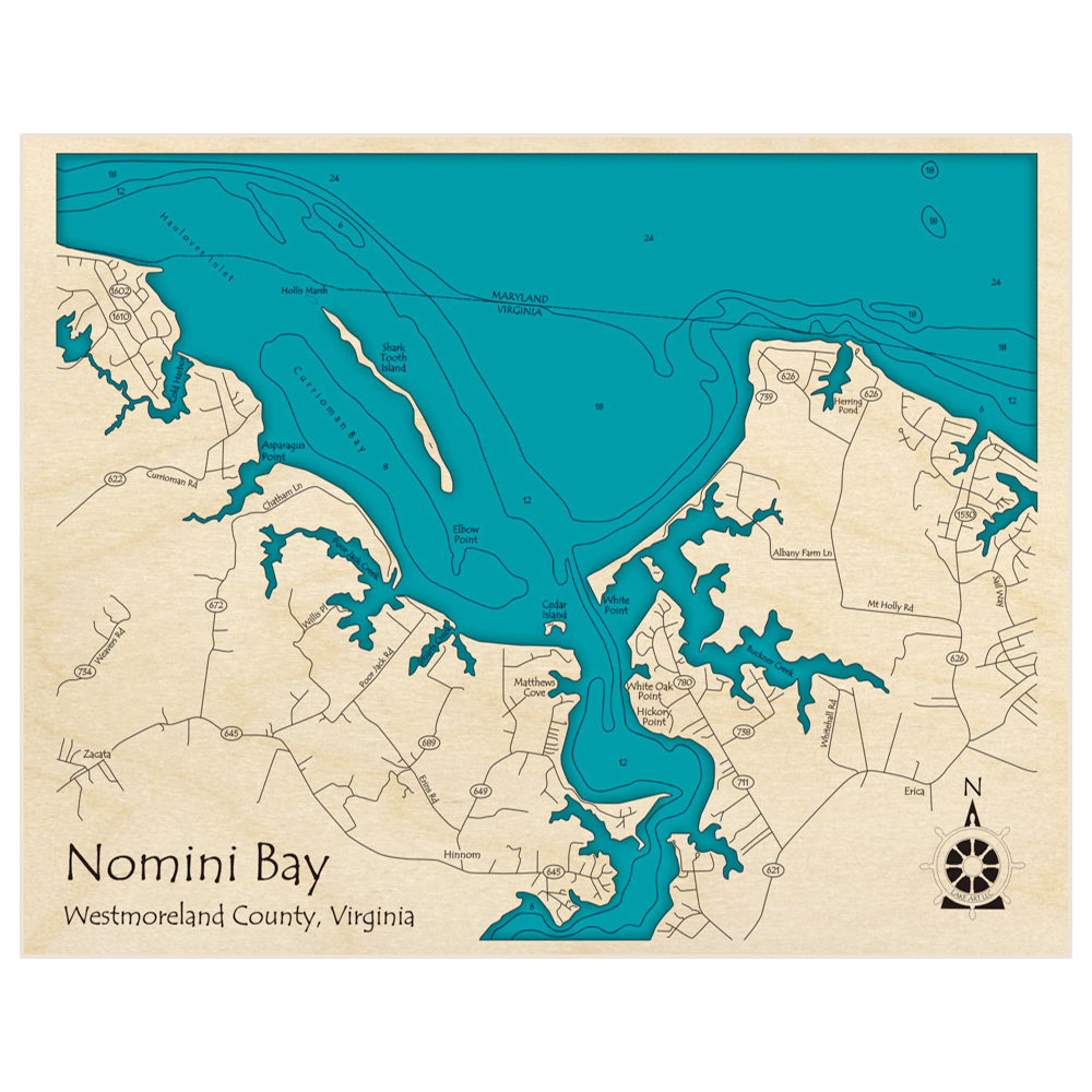 Bathymetric topo map of Nomini Bay with roads, towns and depths noted in blue water