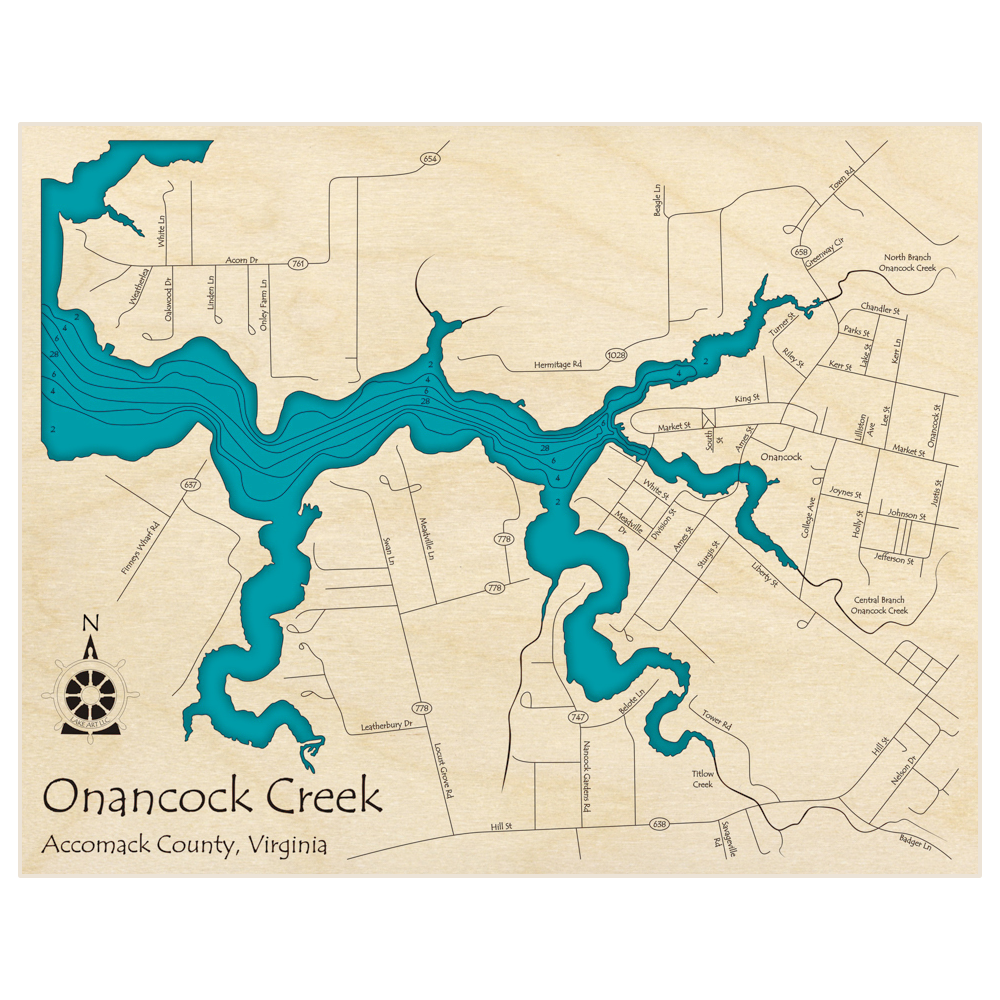 Bathymetric topo map of Onancock Creek with roads, towns and depths noted in blue water