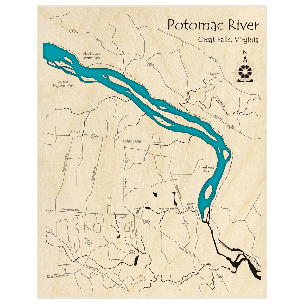 Bathymetric topo map of Potomac River (At Great Falls)  with roads, towns and depths noted in blue water