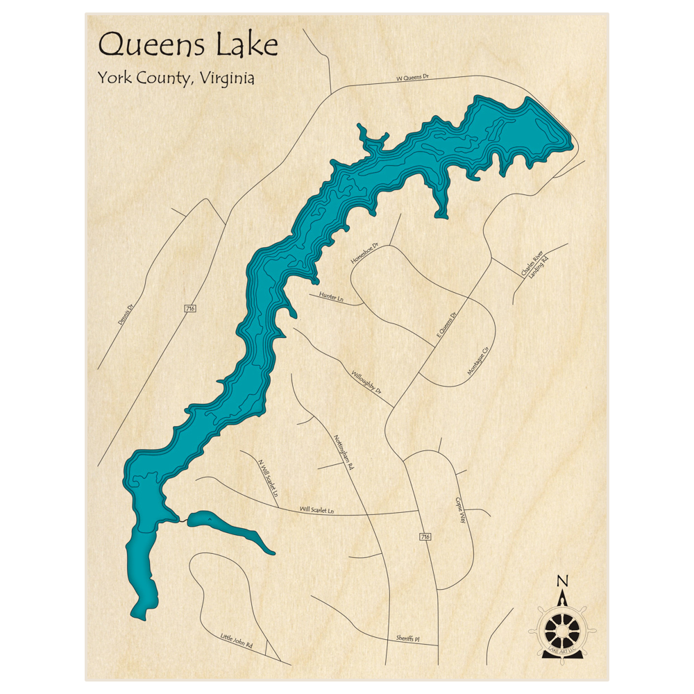 Bathymetric topo map of Queens Lake  with roads, towns and depths noted in blue water