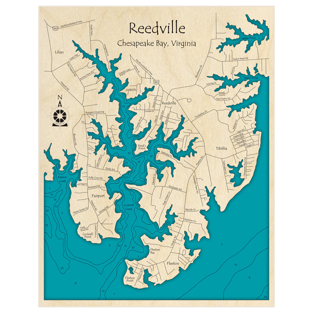 Bathymetric topo map of Reedville with roads, towns and depths noted in blue water