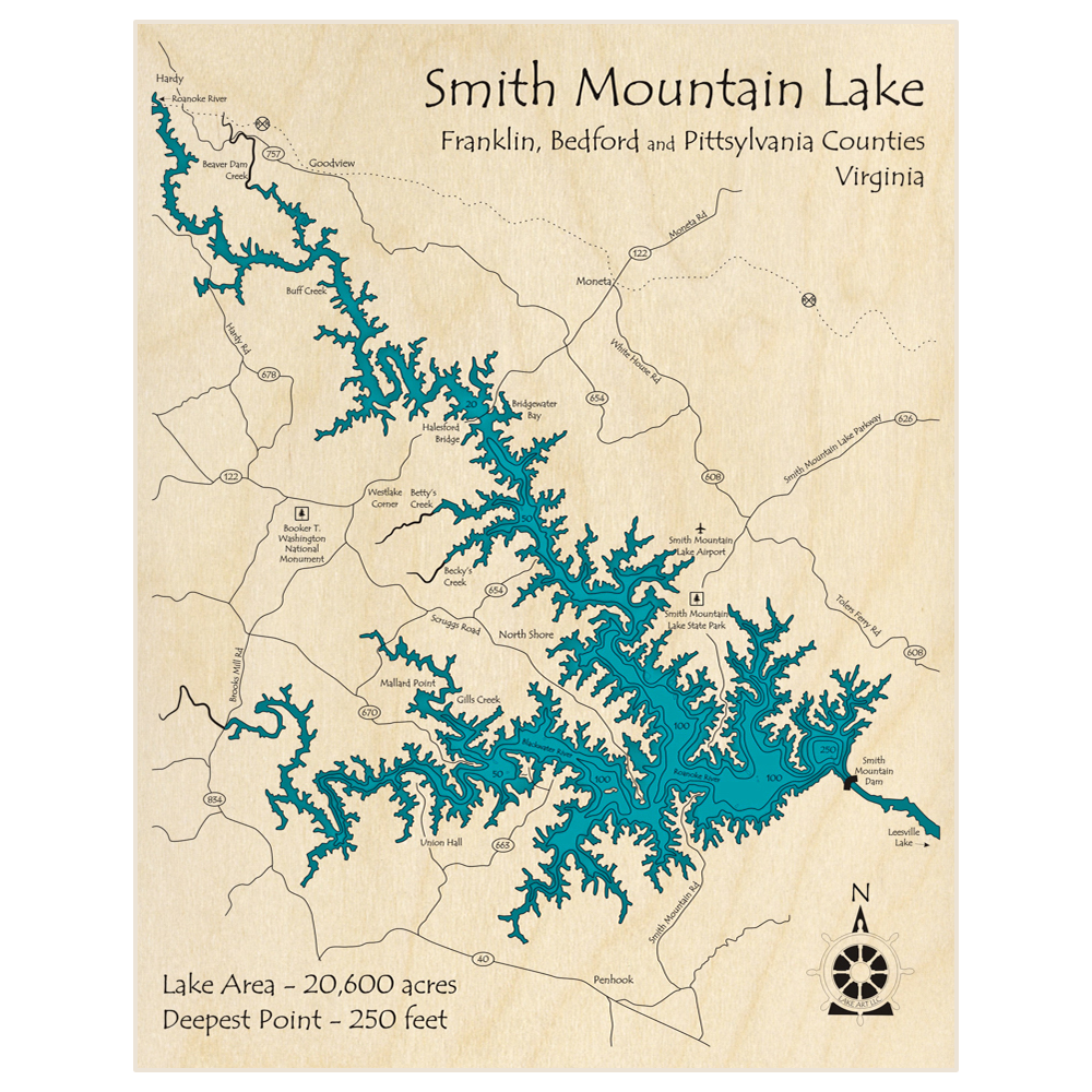 Bathymetric topo map of Smith Mountain Lake with roads, towns and depths noted in blue water