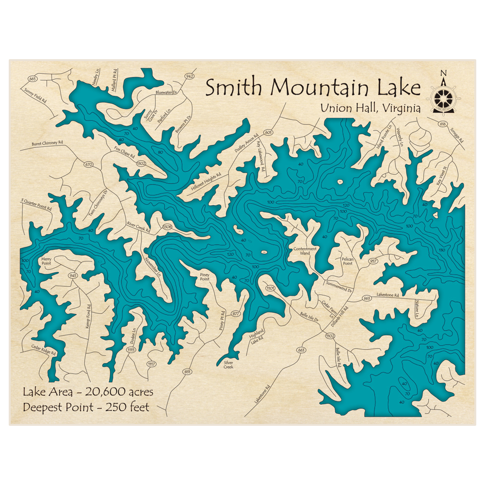 Bathymetric topo map of Smith Mountain Lake (Zoomed in at Union Hall) with roads, towns and depths noted in blue water