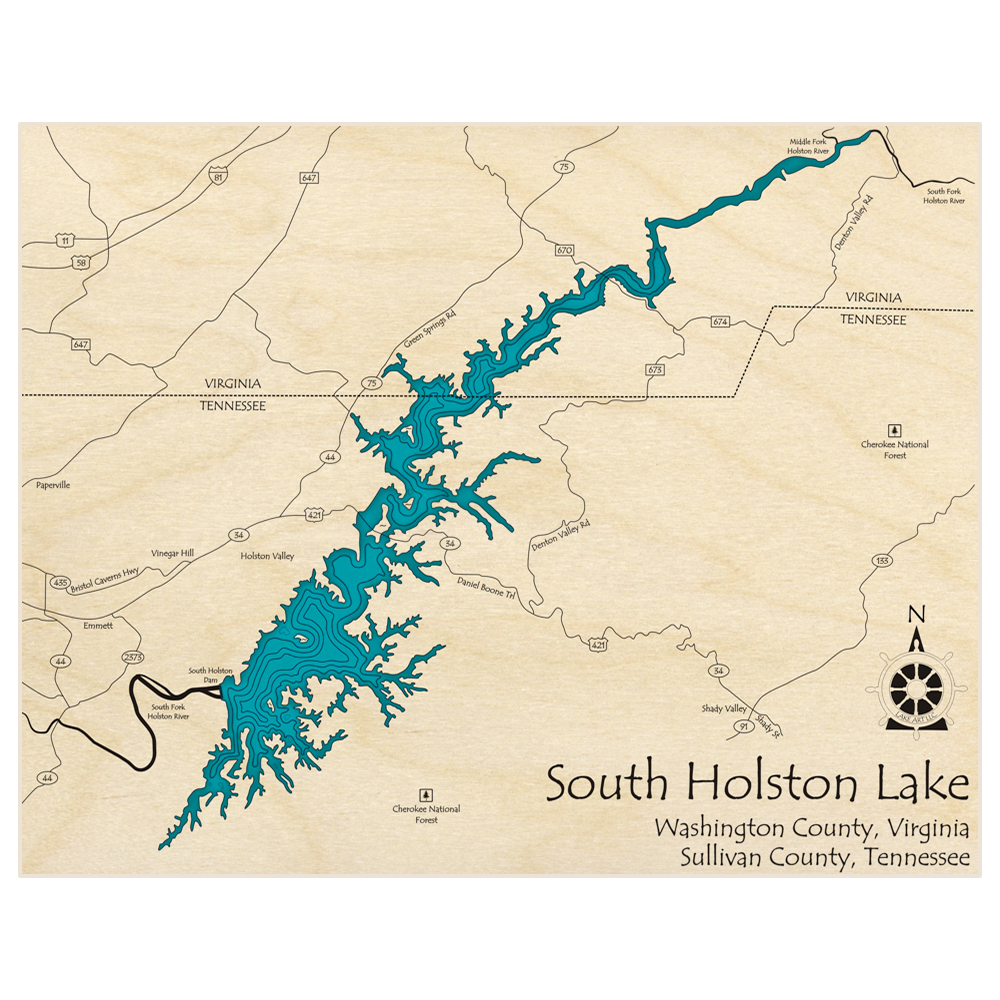Bathymetric topo map of South Holston Lake  with roads, towns and depths noted in blue water