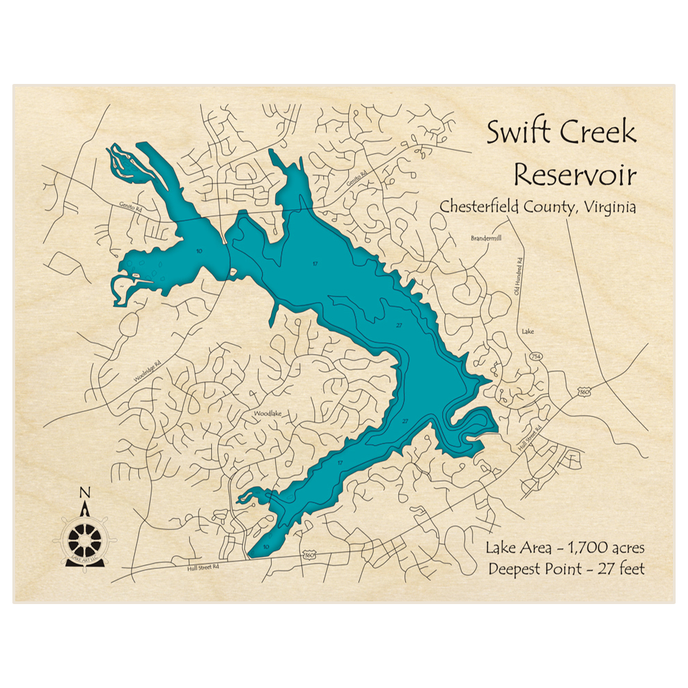 Bathymetric topo map of Swift Creek Reservoir with roads, towns and depths noted in blue water