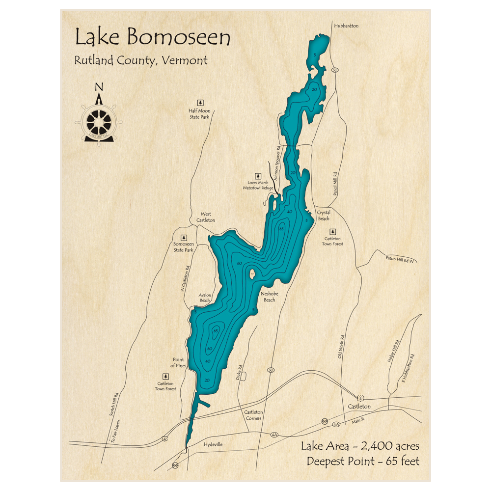 Bathymetric topo map of Lake Bomoseen with roads, towns and depths noted in blue water
