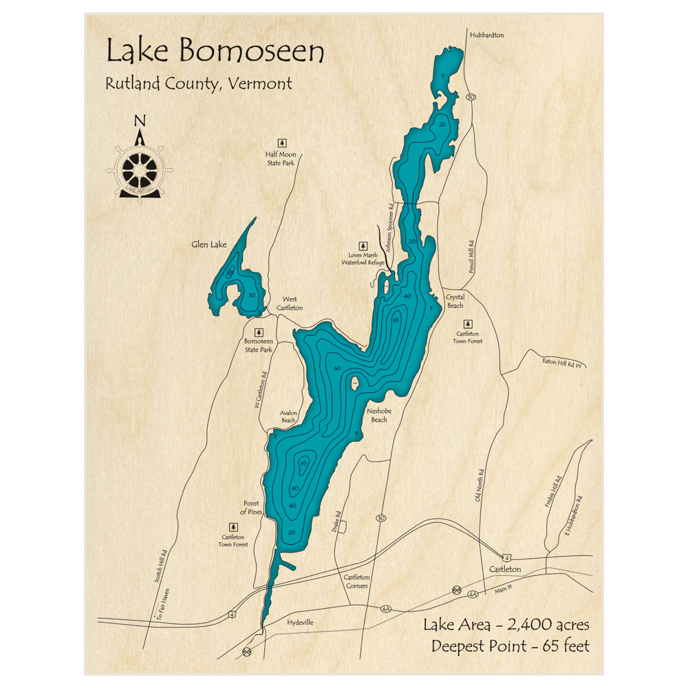 Bathymetric topo map of Lake Bomoseen (With Glen Lake) with roads, towns and depths noted in blue water