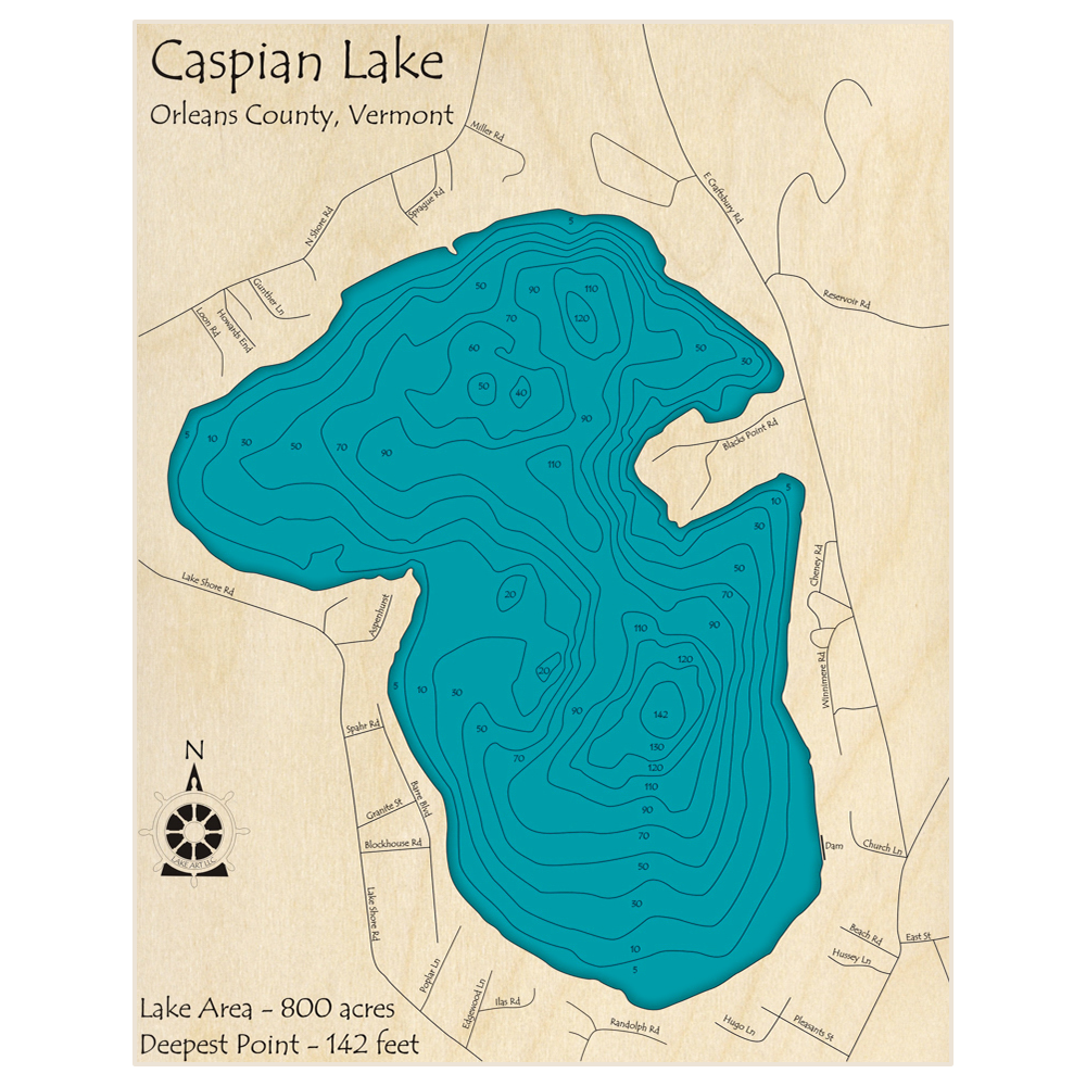 Bathymetric topo map of Caspian Lake with roads, towns and depths noted in blue water