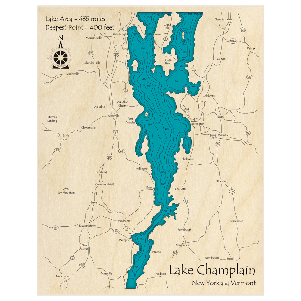 Bathymetric topo map of Lake Champlain (From Plattsburgh to Addison) with roads, towns and depths noted in blue water
