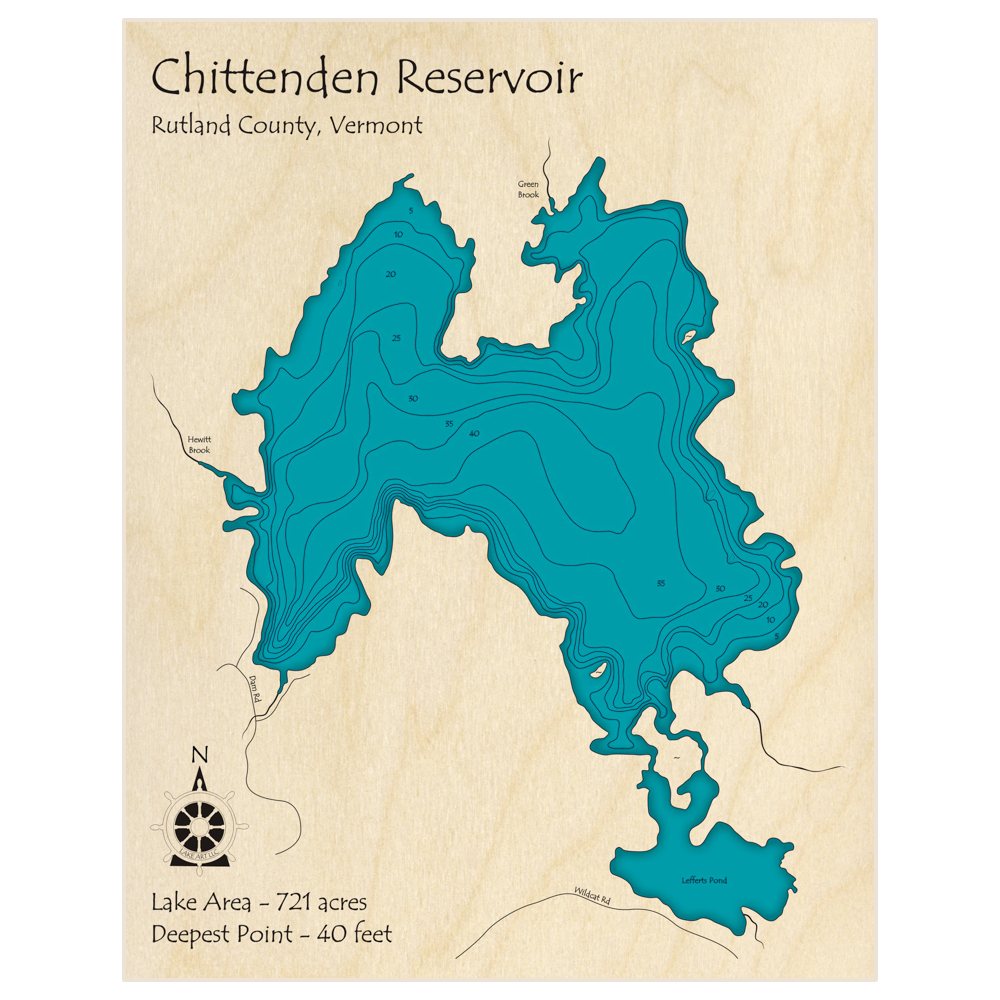 Bathymetric topo map of Chittenden Reservoir with roads, towns and depths noted in blue water