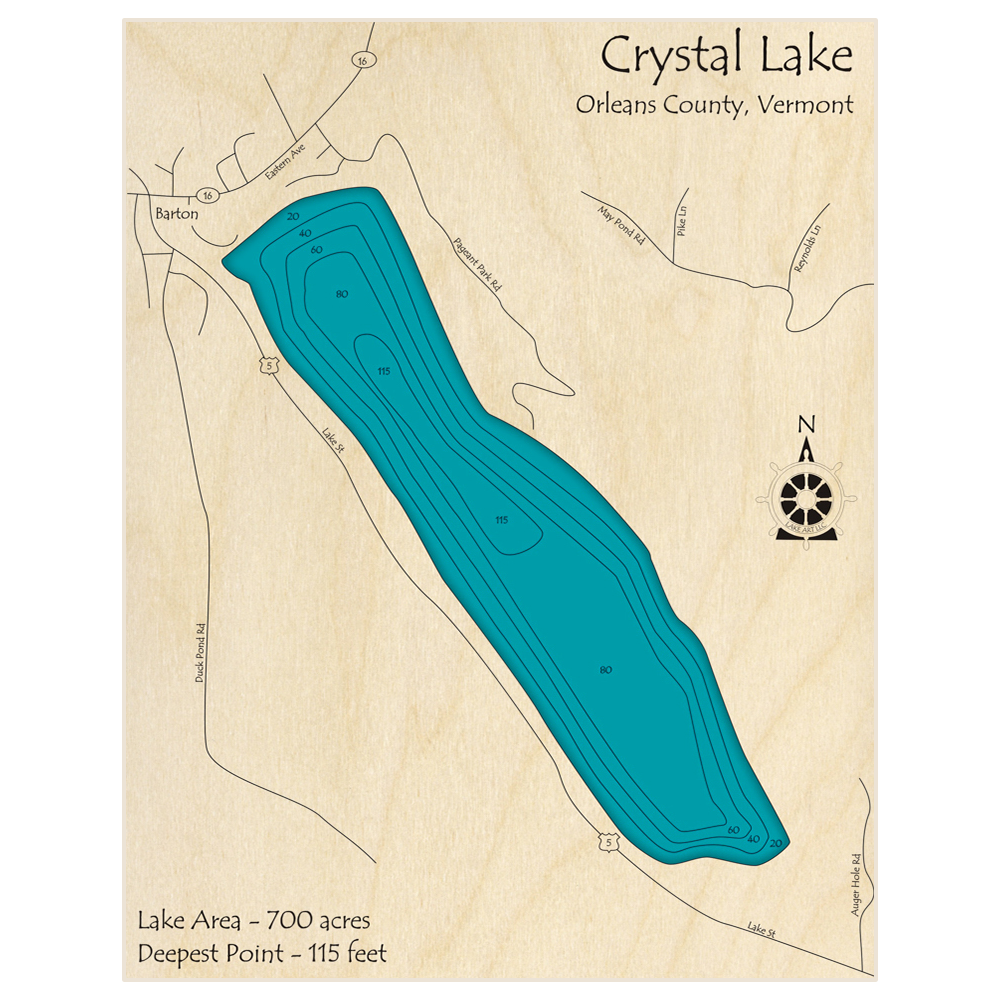 Bathymetric topo map of Crystal Lake with roads, towns and depths noted in blue water