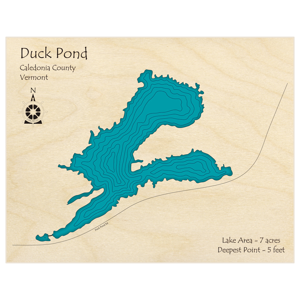 Bathymetric topo map of Duck Pond with roads, towns and depths noted in blue water