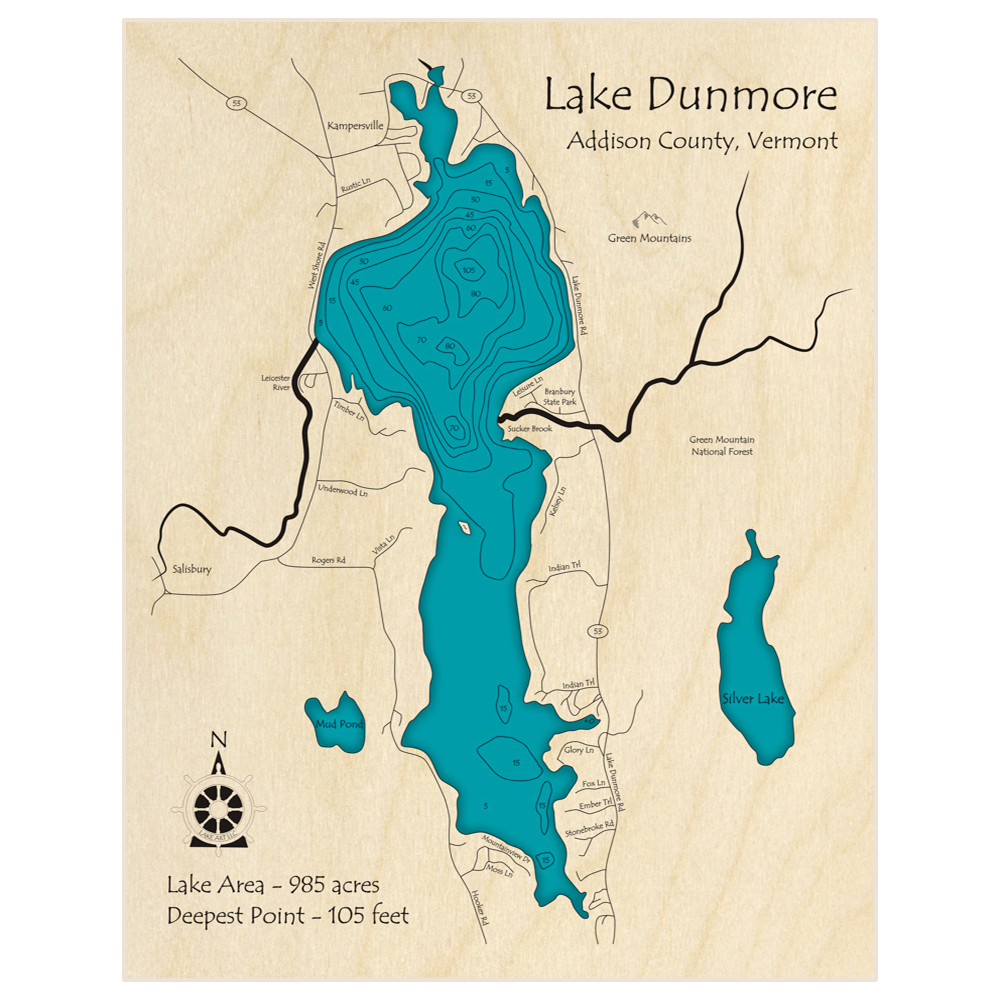 Bathymetric topo map of Lake Dunmore with roads, towns and depths noted in blue water