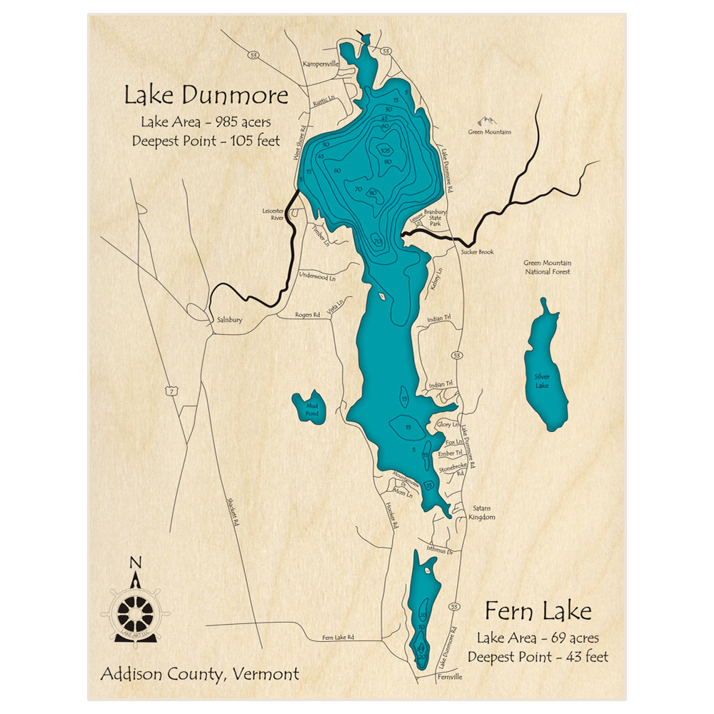 Bathymetric topo map of Lake Dunmore and Fern Lake with roads, towns and depths noted in blue water