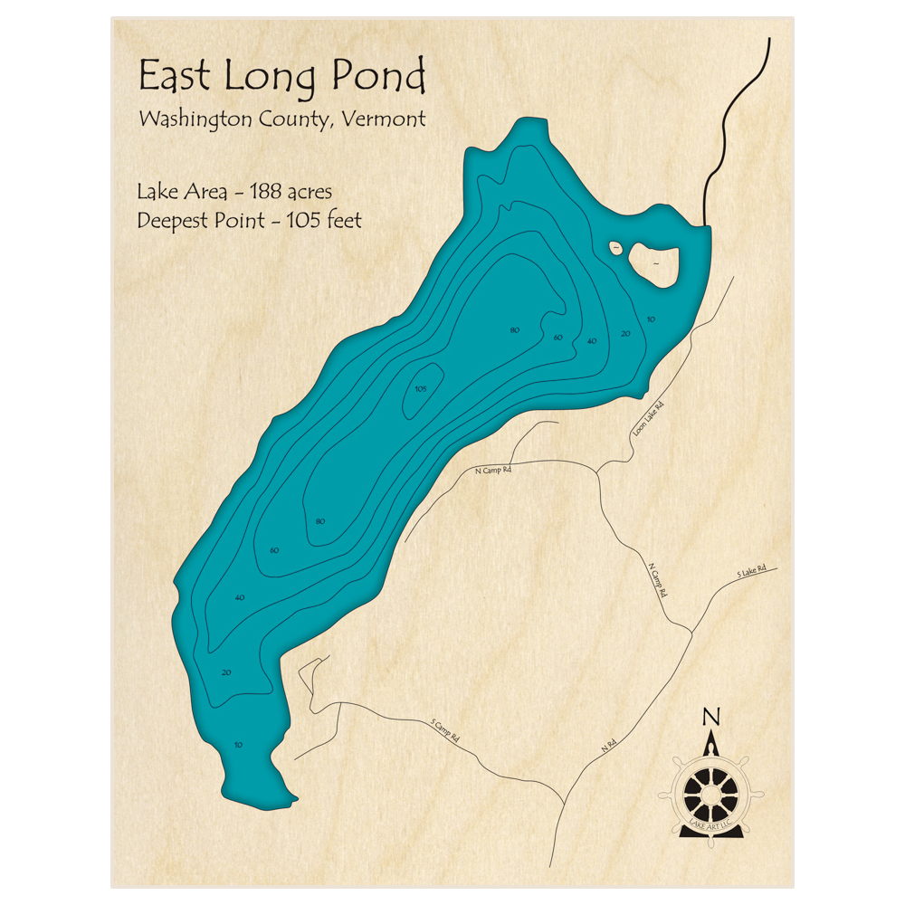 Bathymetric topo map of East Long Pond with roads, towns and depths noted in blue water