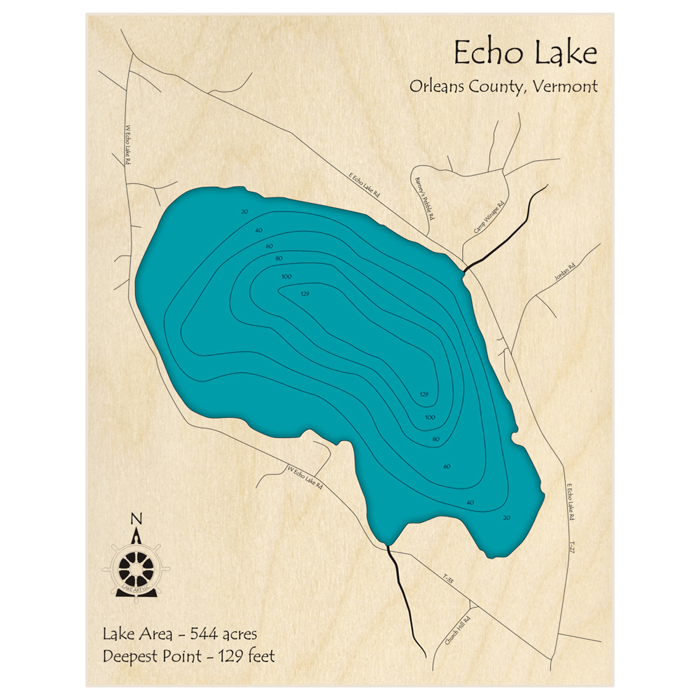Bathymetric topo map of Echo Lake with roads, towns and depths noted in blue water