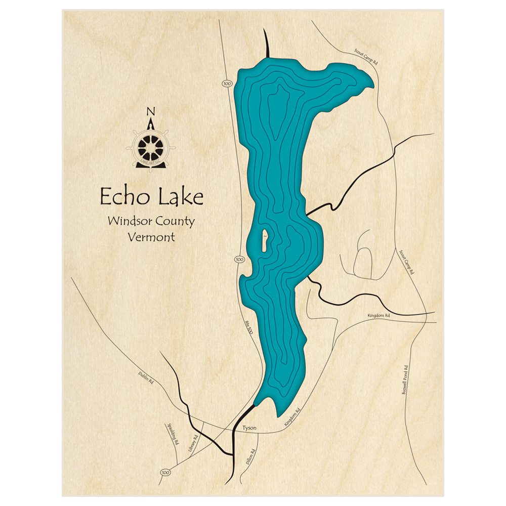 Bathymetric topo map of Echo Lake  with roads, towns and depths noted in blue water