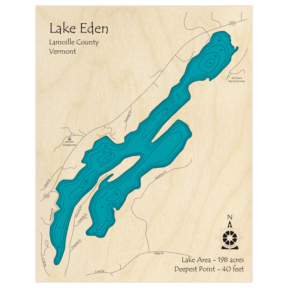 Bathymetric topo map of Lake Eden with roads, towns and depths noted in blue water