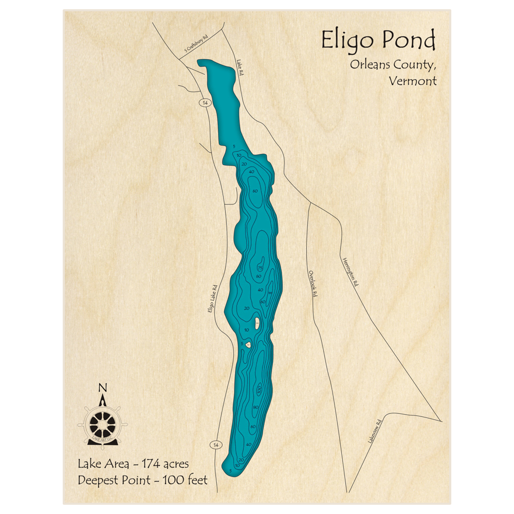 Bathymetric topo map of Eligo Pond with roads, towns and depths noted in blue water