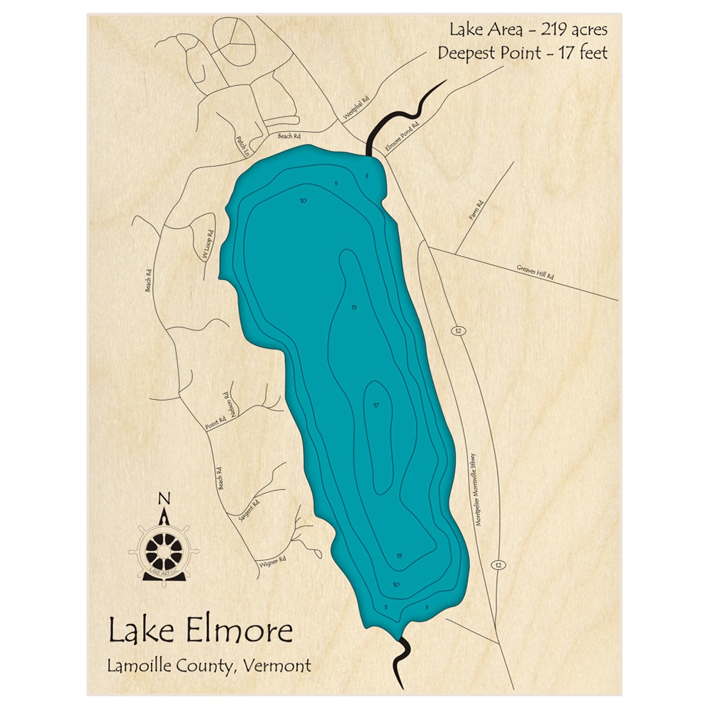 Bathymetric topo map of Lake Elmore with roads, towns and depths noted in blue water