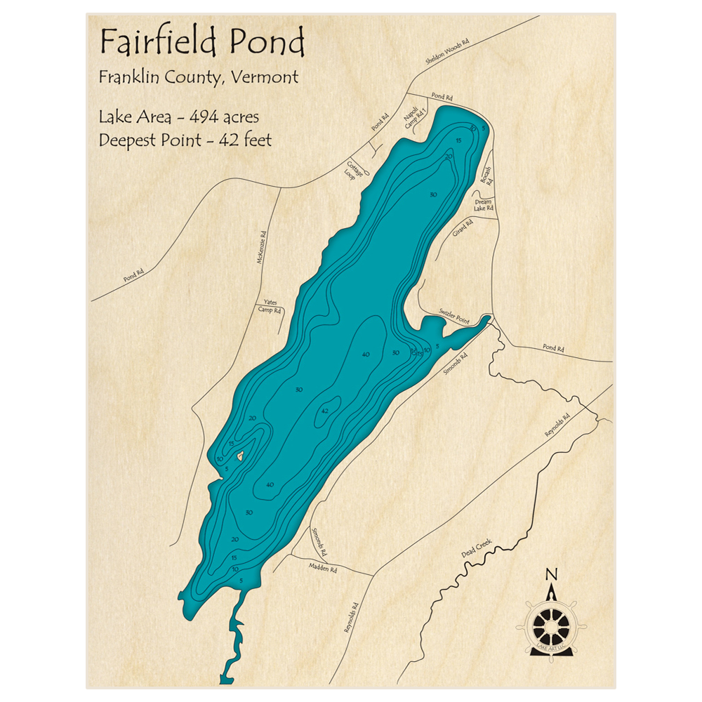 Bathymetric topo map of Fairfield Pond with roads, towns and depths noted in blue water