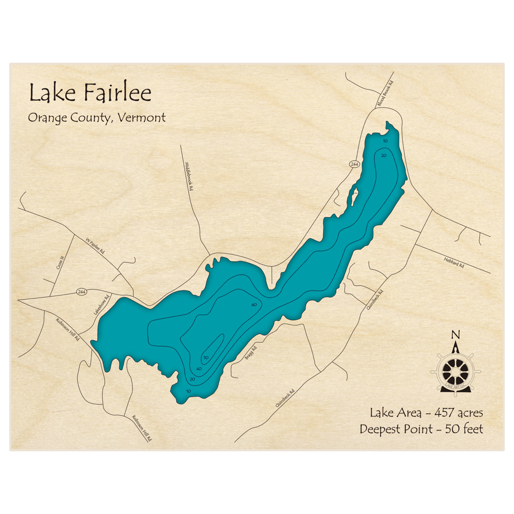 Bathymetric topo map of Lake Fairlee with roads, towns and depths noted in blue water