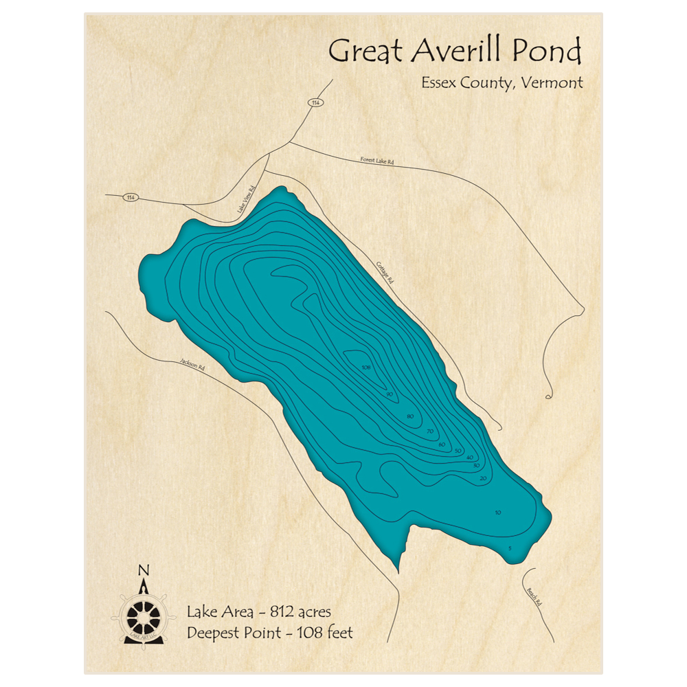 Bathymetric topo map of Great Averill Pond with roads, towns and depths noted in blue water