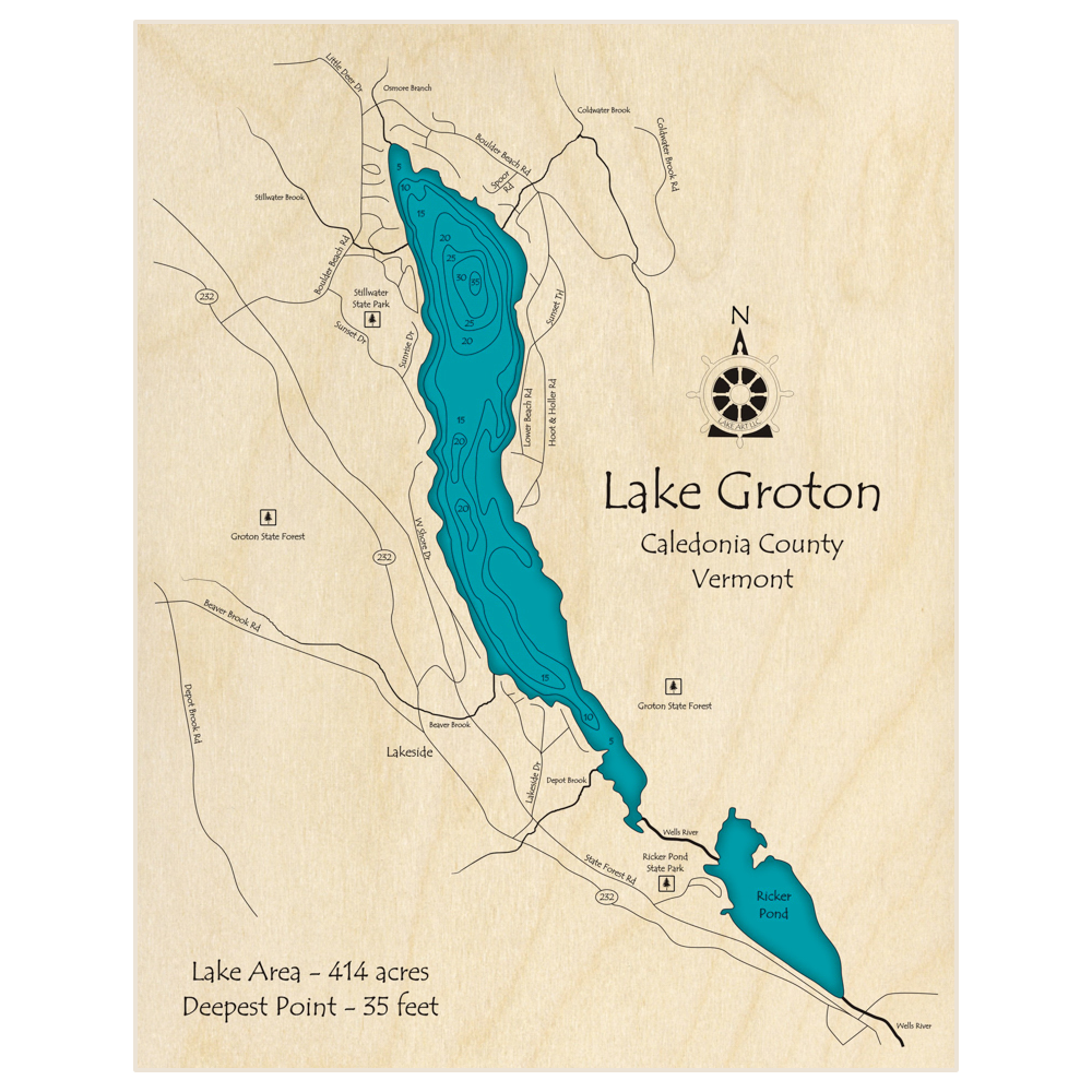 Bathymetric topo map of Lake Groton with roads, towns and depths noted in blue water