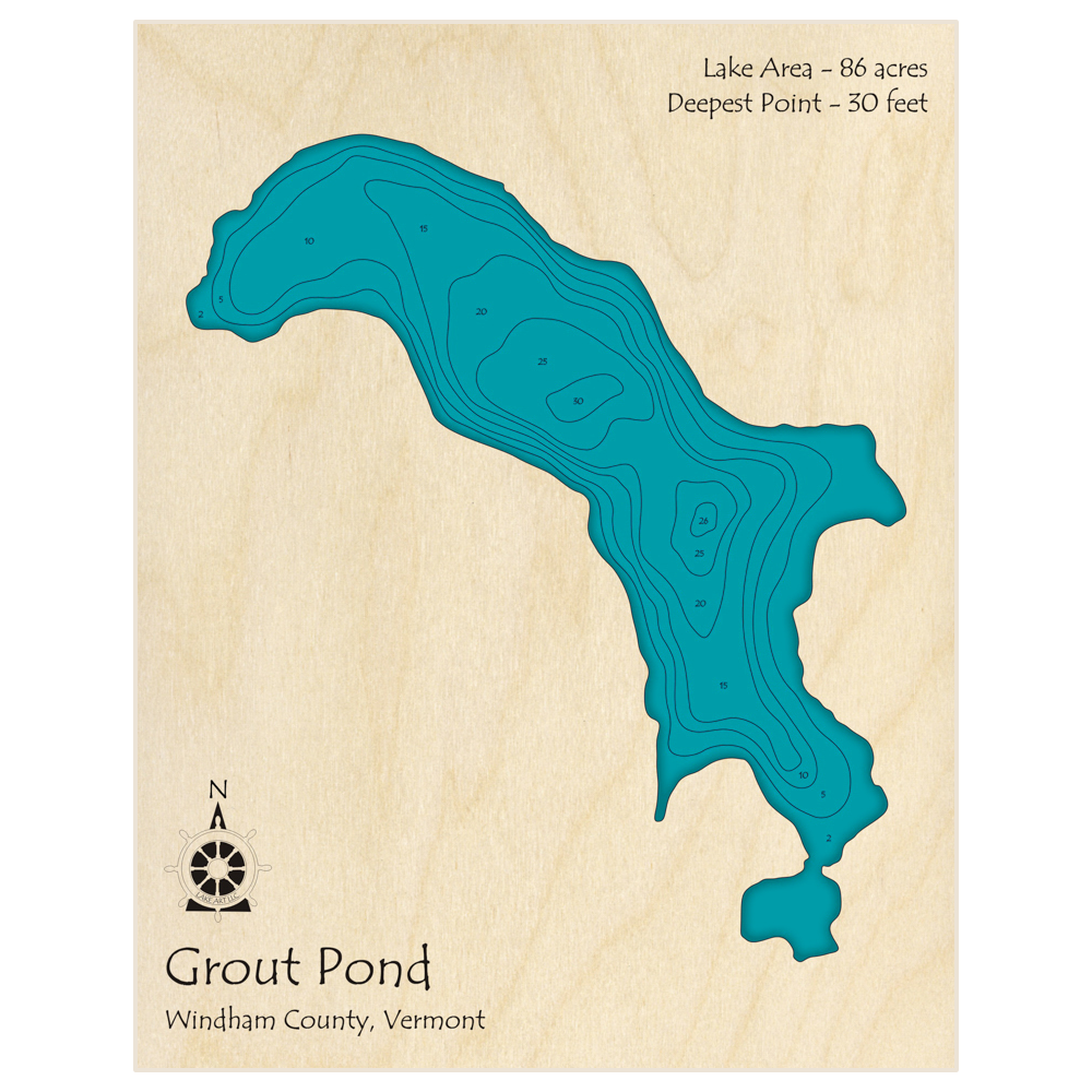 Bathymetric topo map of Grout Pond with roads, towns and depths noted in blue water