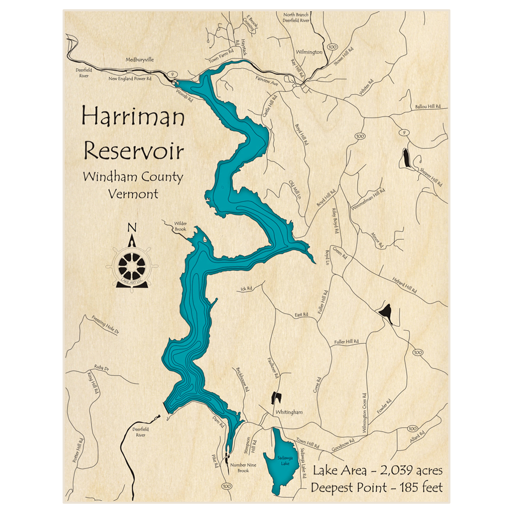 Bathymetric topo map of Harriman Reservoir  with roads, towns and depths noted in blue water