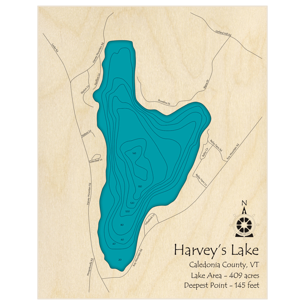 Bathymetric topo map of Harveys Lake with roads, towns and depths noted in blue water