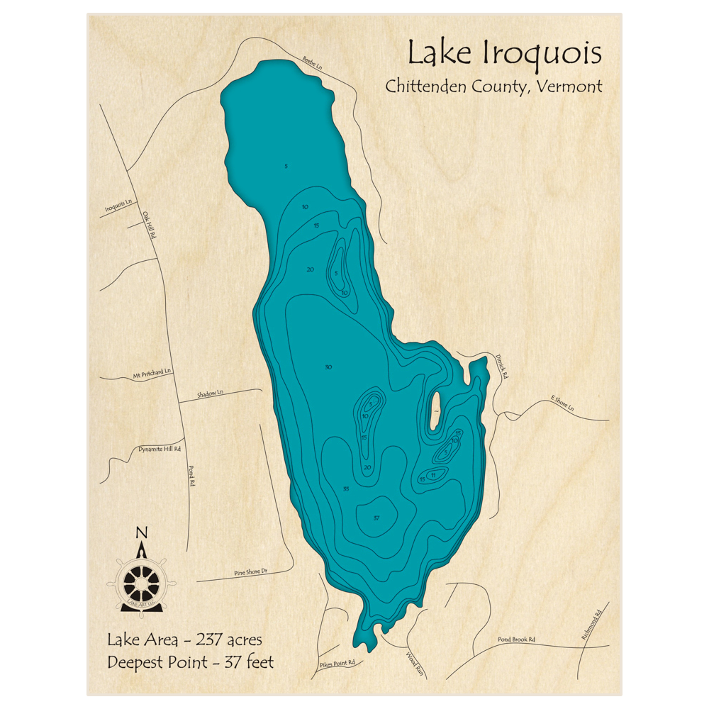 Bathymetric topo map of Lake Iroquois with roads, towns and depths noted in blue water