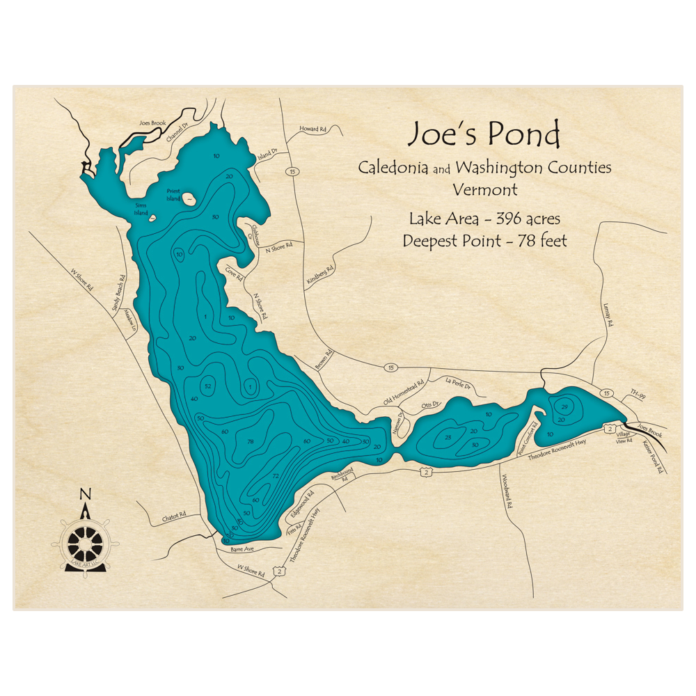 Bathymetric topo map of Joes Pond with roads, towns and depths noted in blue water