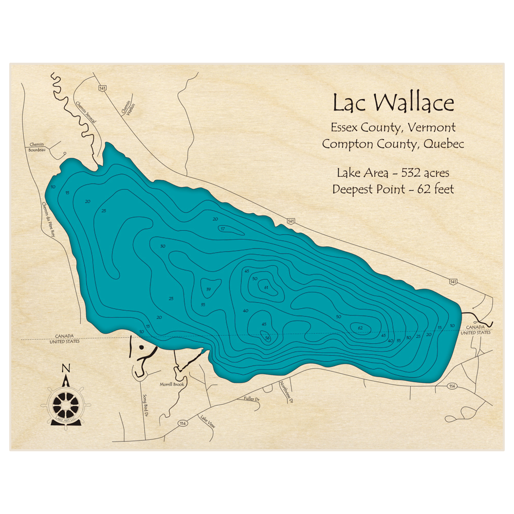 Bathymetric topo map of Lac Wallace with roads, towns and depths noted in blue water