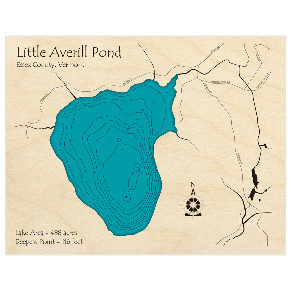 Bathymetric topo map of Little Averill Pond with roads, towns and depths noted in blue water