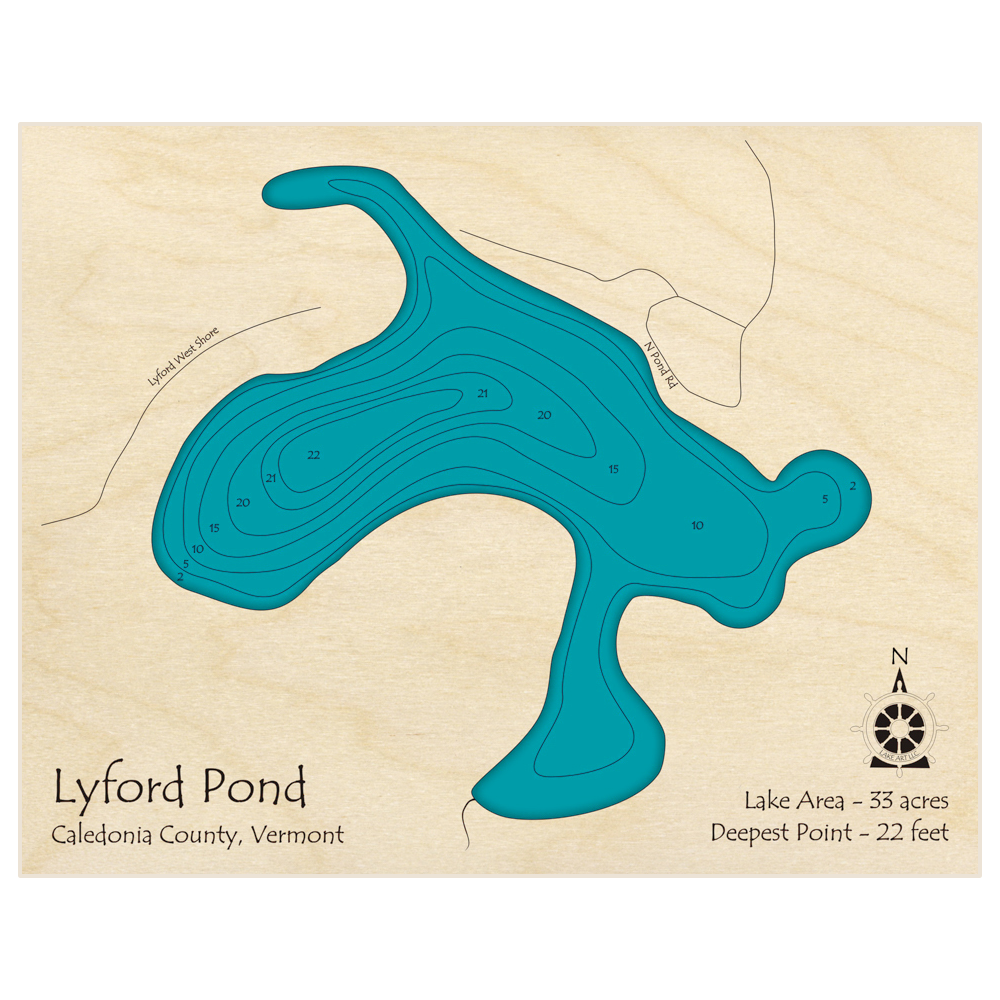 Bathymetric topo map of Lyford Pond with roads, towns and depths noted in blue water