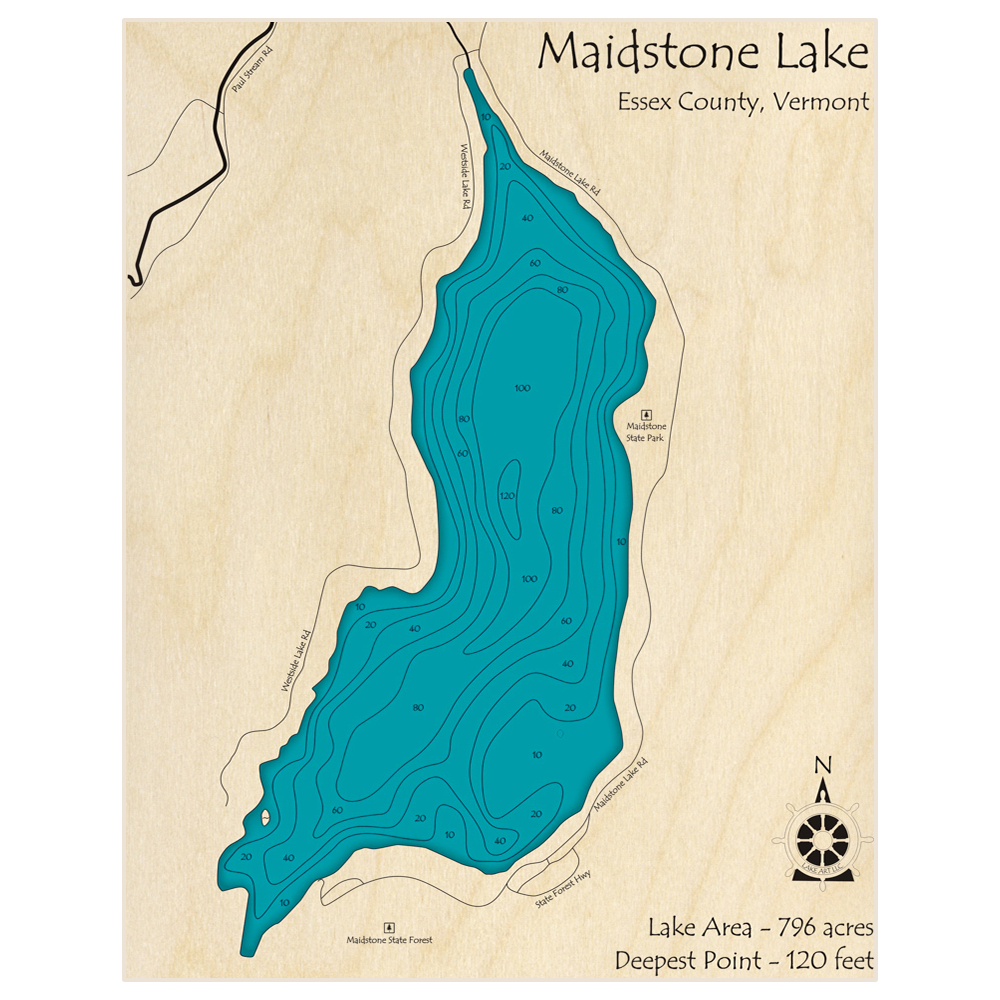 Bathymetric topo map of Maidstone Lake with roads, towns and depths noted in blue water