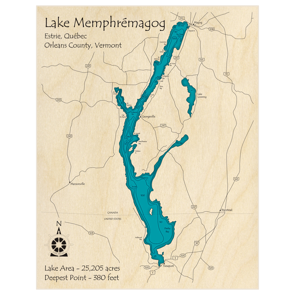Bathymetric topo map of Lac Memphremagog with roads, towns and depths noted in blue water