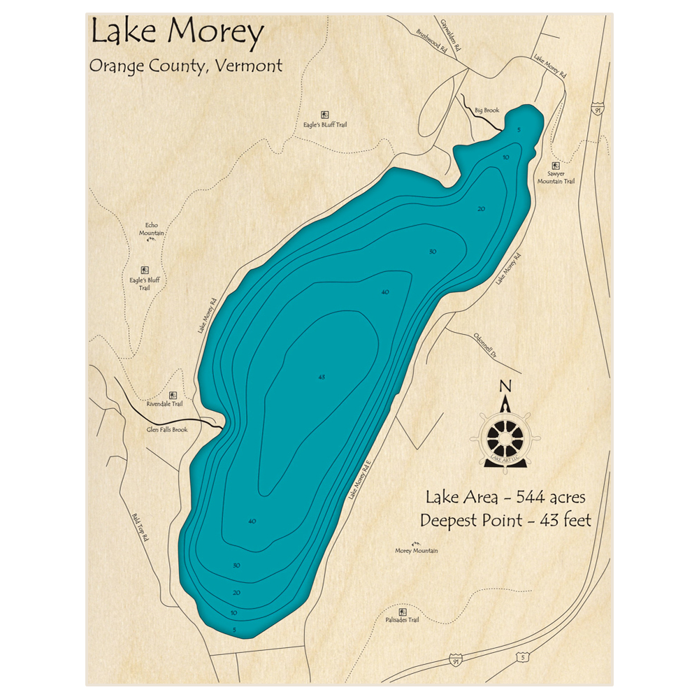 Bathymetric topo map of Lake Morey with roads, towns and depths noted in blue water